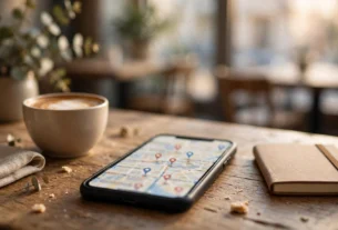 Ponsel di atas meja menampilkan peta dengan penanda lokasi, gambaran cara agar bisnis muncul di Google Maps