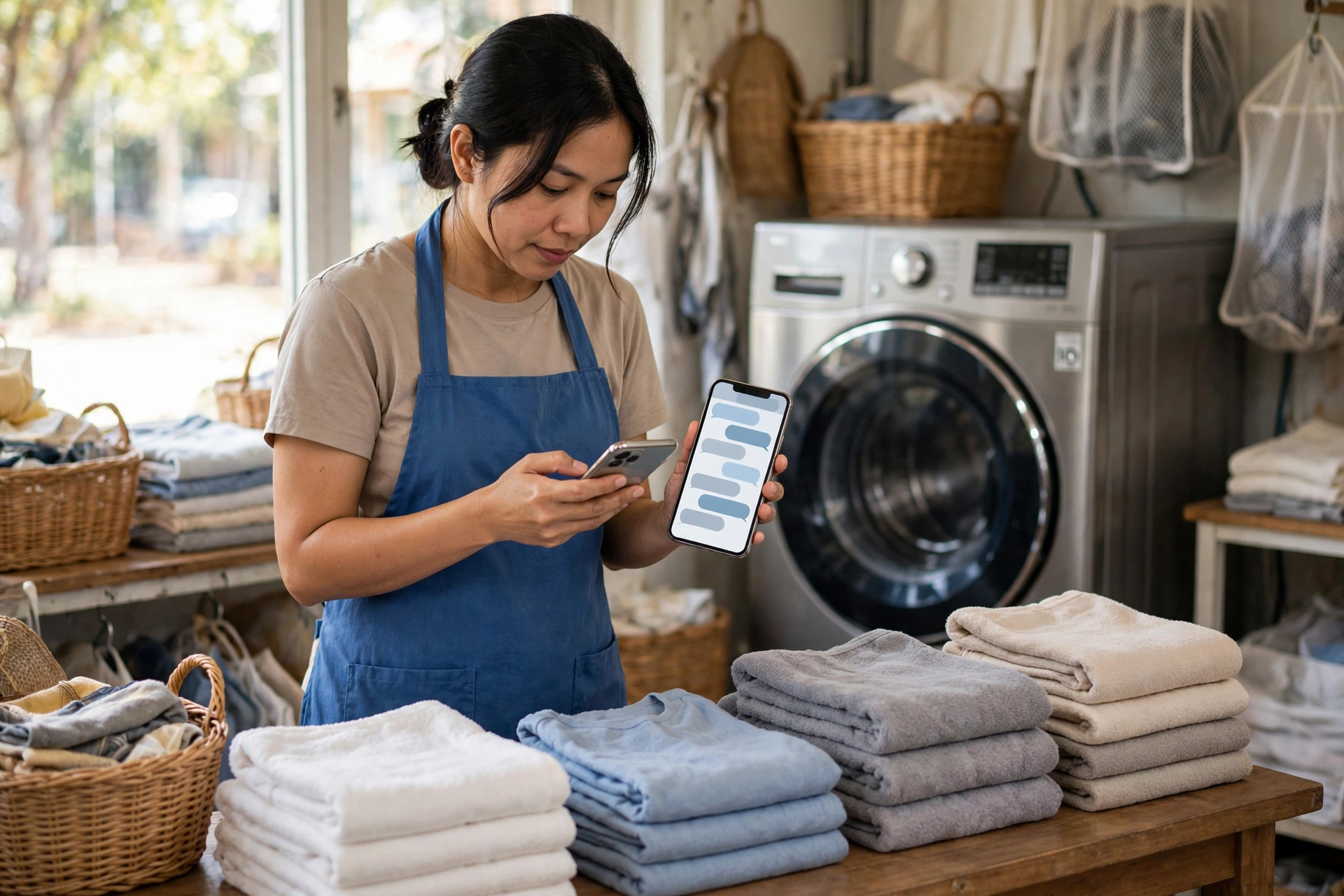 Pemilik usaha menerima pesanan promosi online lewat chat WhatsApp Business di depan mesin cuci laundry