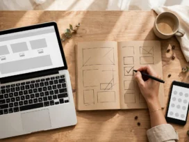 Pemilik usaha kecil menulis rencana promosi online bulanan di samping laptop dan ponsel di meja kayu