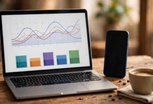 Layar laptop menampilkan grafik performa iklan Instagram di samping ponsel, evaluasi kampanye usaha kecil