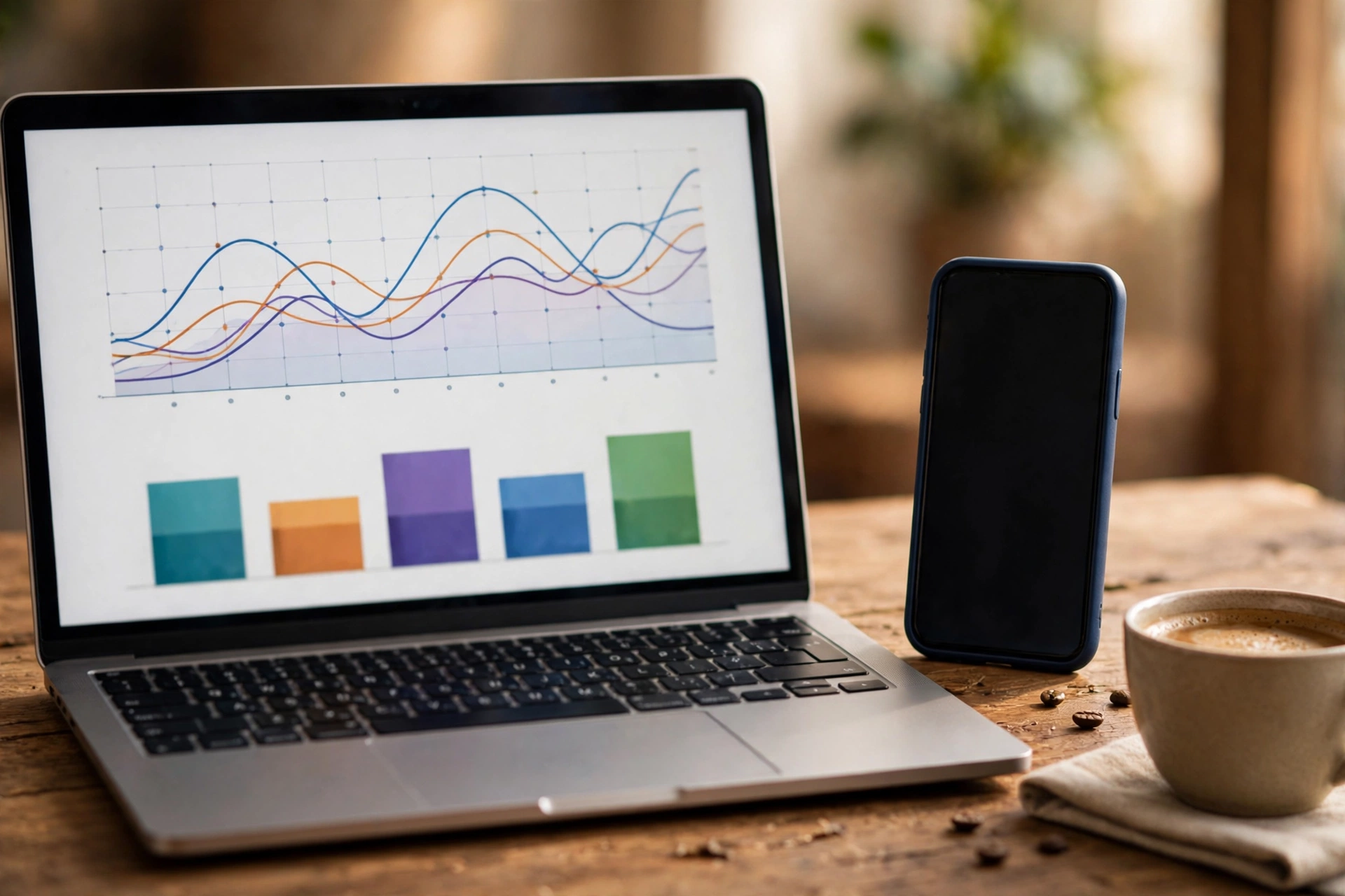 Layar laptop menampilkan grafik performa iklan Instagram di samping ponsel, evaluasi kampanye usaha kecil