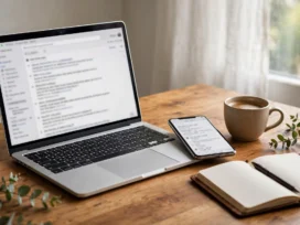 Email bisnis dengan domain sendiri ditampilkan pada laptop dan ponsel di meja kerja