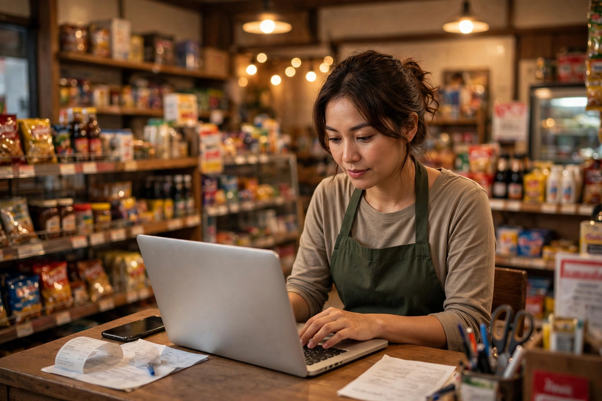 Pemilik usaha kecil membalas email pelanggan dari laptop di tokonya