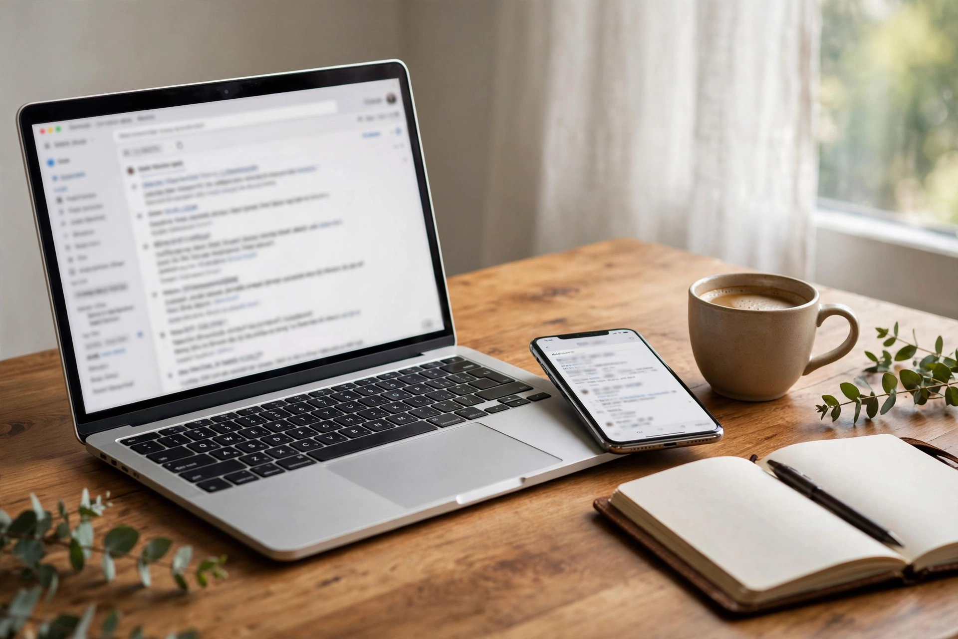 Email bisnis dengan domain sendiri ditampilkan pada laptop dan ponsel di meja kerja