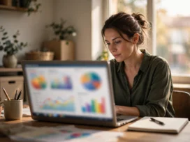 Pemilik usaha memeriksa performa Google Ads vs Meta Ads lewat laptop di kantornya