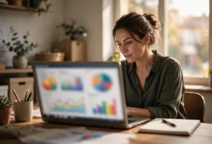 Pemilik usaha memeriksa performa Google Ads vs Meta Ads lewat laptop di kantornya