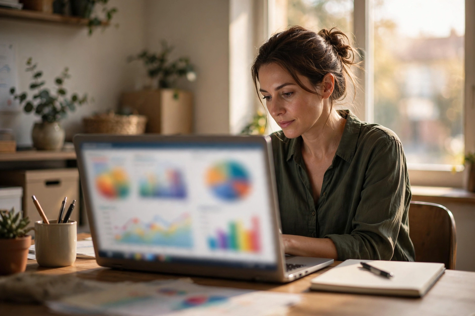Pemilik usaha memeriksa performa Google Ads vs Meta Ads lewat laptop di kantornya
