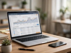 Dasbor Google Search Console menampilkan grafik klik dan impresi di laptop