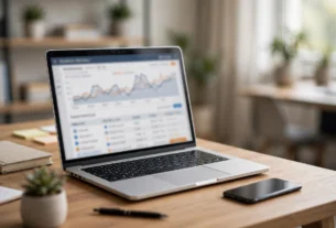 Dasbor Google Search Console menampilkan grafik klik dan impresi di laptop