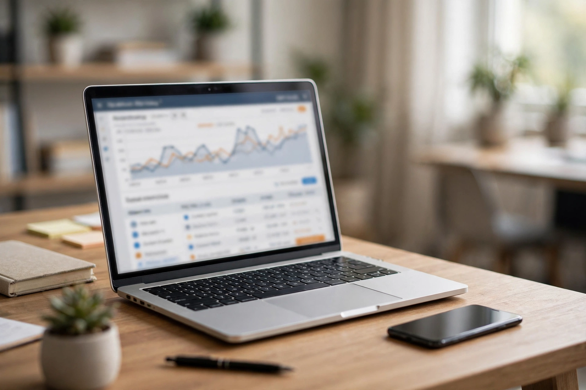 Dasbor Google Search Console menampilkan grafik klik dan impresi di laptop