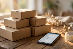 Tumpukan paket pesanan di meja dengan ponsel dan lakban, gambaran cara jualan online untuk pemula