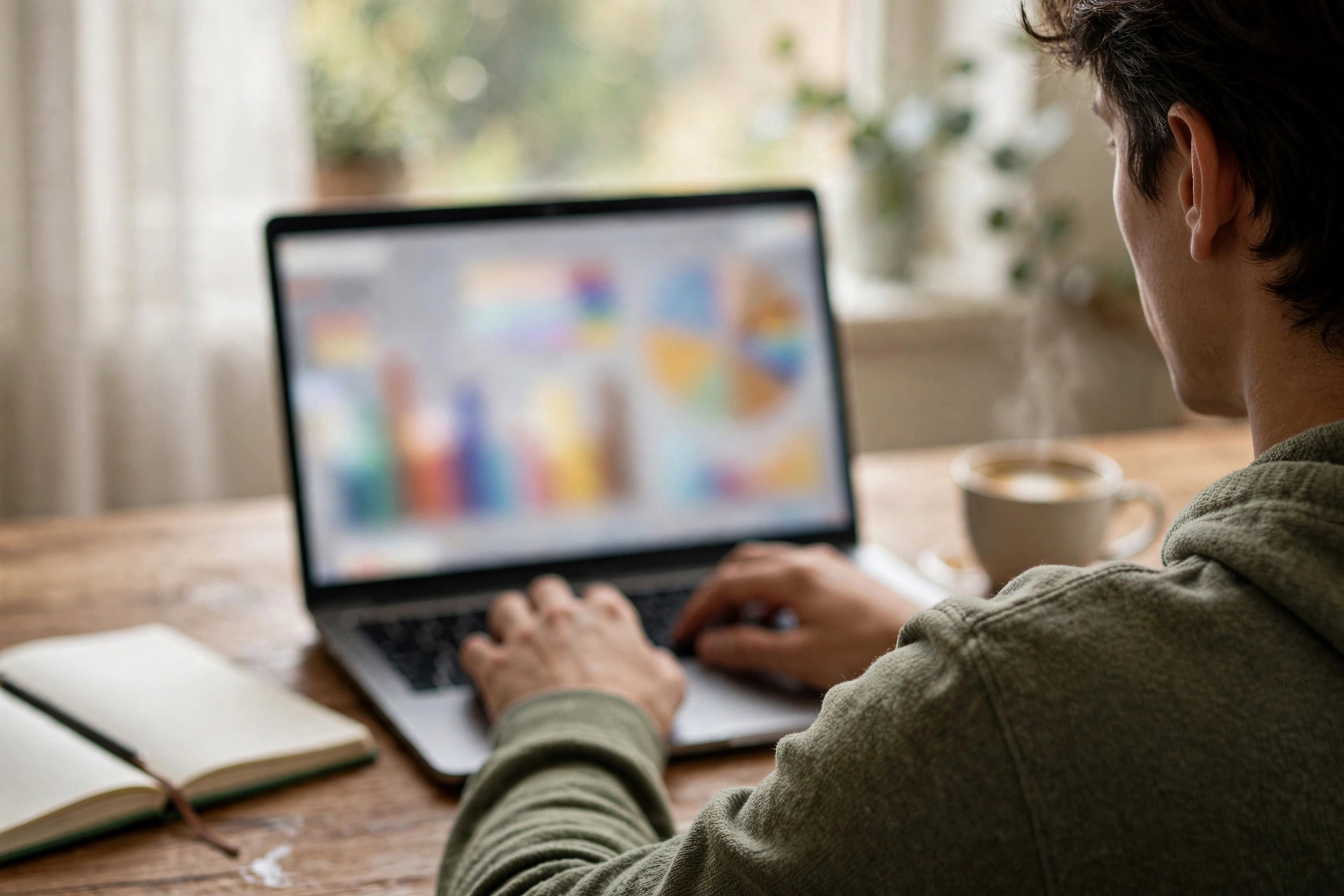 Pengusaha mengetik kata kunci pencarian di laptop untuk membandingkan Google Ads vs Meta Ads