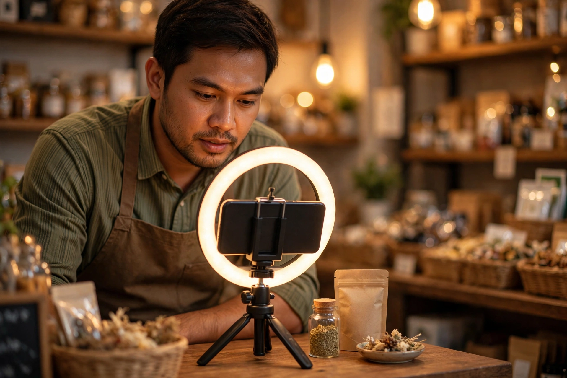 Pelaku usaha merekam video pendek promosi online produk dengan ponsel dan lampu cincin di dalam toko