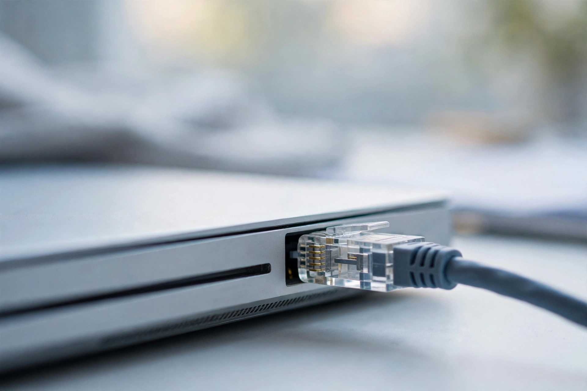 Kabel jaringan tersambung ke laptop, gambaran koneksi terenkripsi pada pembahasan apa itu SSL