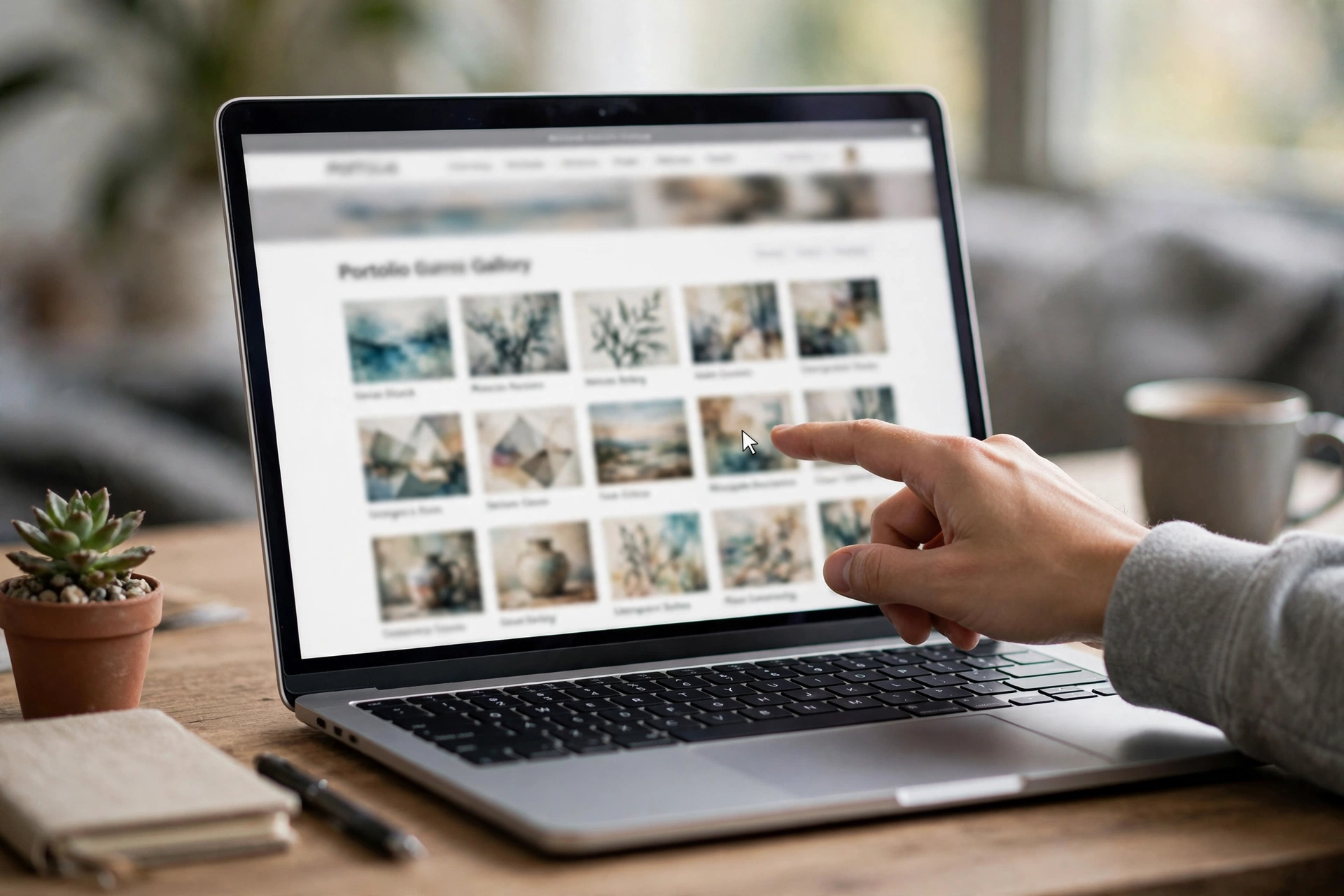 Galeri karya di website portofolio yang sedang dipilih dengan kursor di laptop