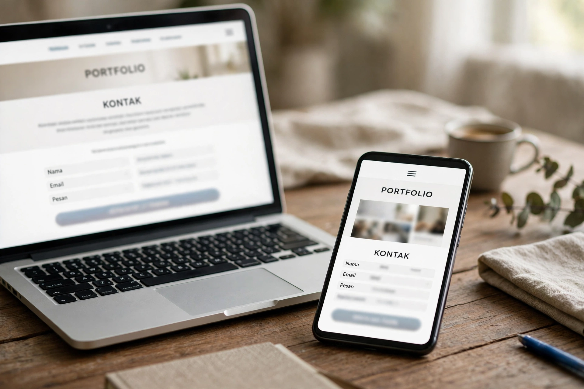Halaman kontak website portofolio tampil di laptop dan ponsel