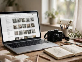 Website portofolio dengan kisi karya ditampilkan di laptop pada meja kerja kreatif