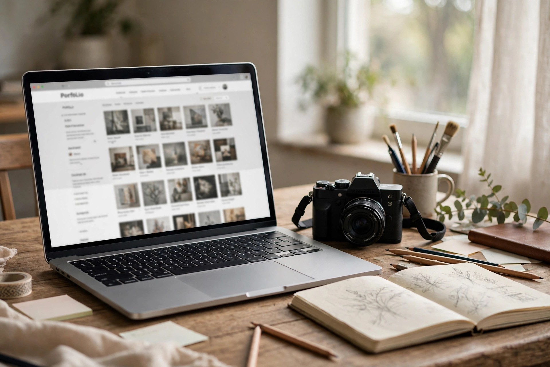 Website portofolio dengan kisi karya ditampilkan di laptop pada meja kerja kreatif