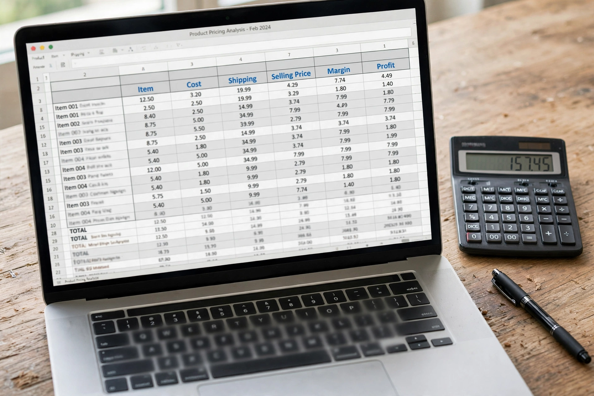 Spreadsheet analisis harga produk dengan kolom biaya, ongkir, dan margin, perhitungan untung dropshipping