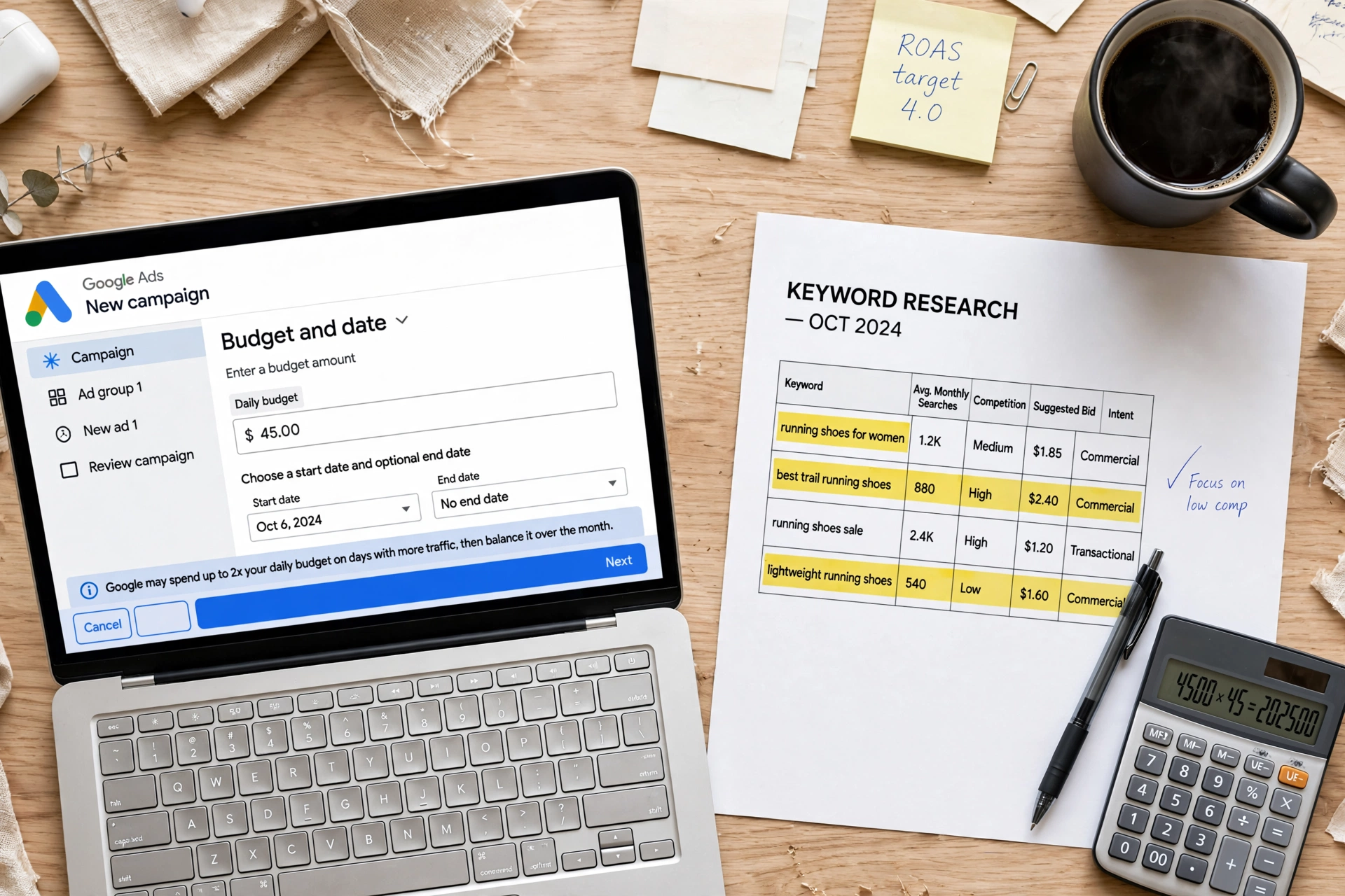 Halaman pengaturan anggaran harian Google Ads di layar laptop dengan lembar riset kata kunci dan kalkulator di meja