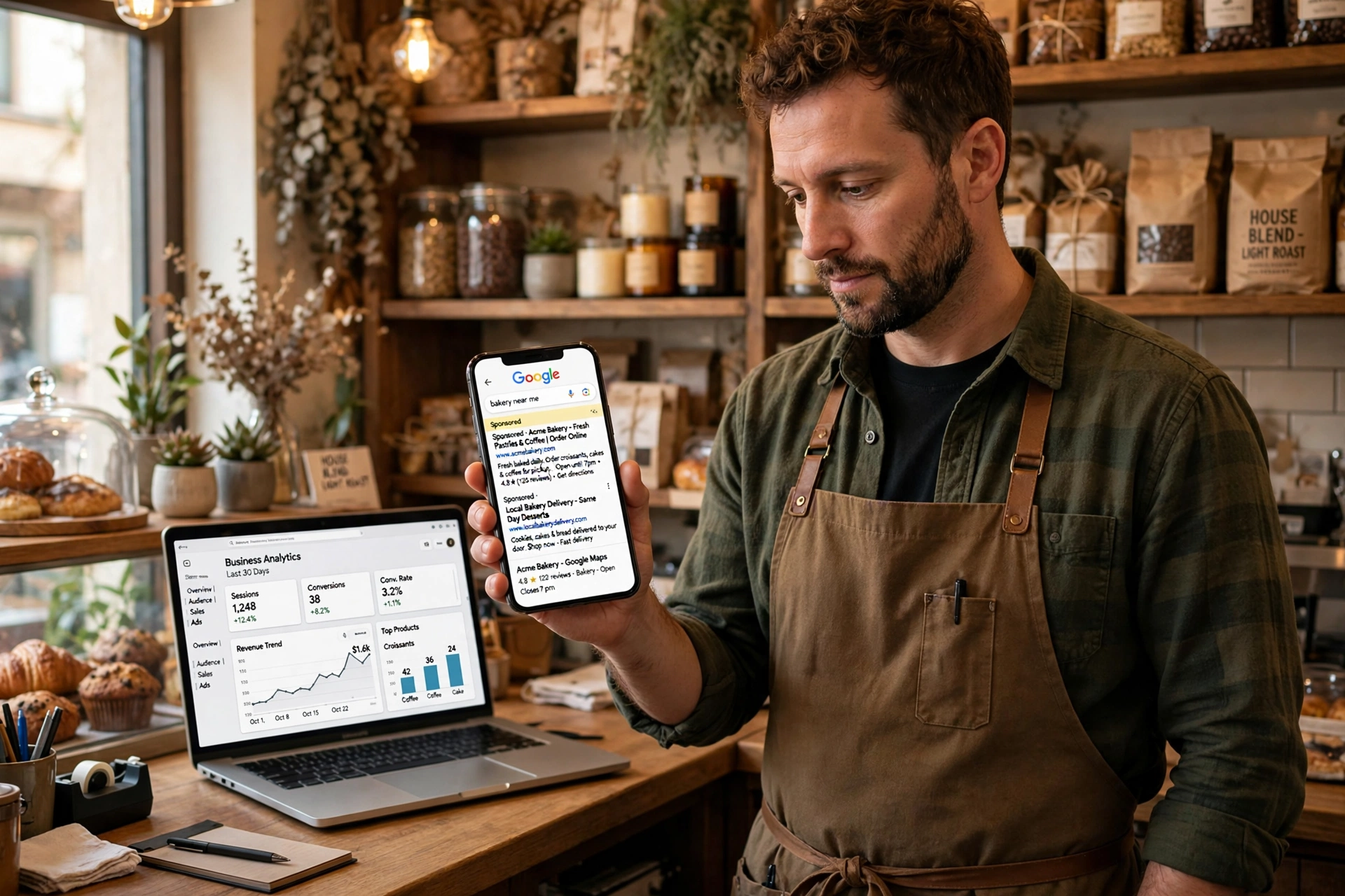 Pemilik usaha kecil melihat iklan Google Ads bersponsor di hasil pencarian pada layar ponsel, ditemani laptop berisi data penjualan
