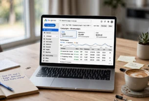 Dasbor Google Ads di layar laptop menampilkan tabel kampanye, jumlah klik, biaya, dan grafik performa harian