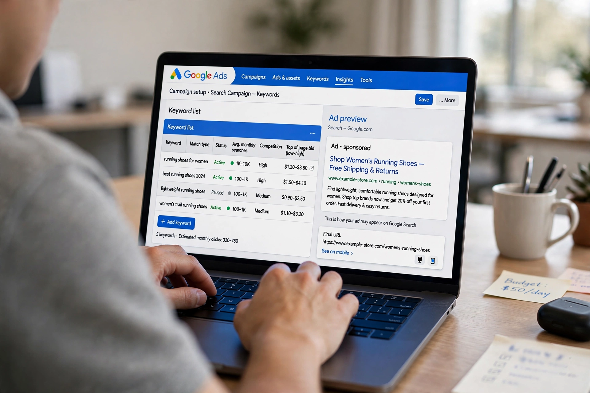 Layar pengaturan kampanye Google Ads Penelusuran berisi daftar kata kunci, tingkat persaingan, dan pratinjau iklan