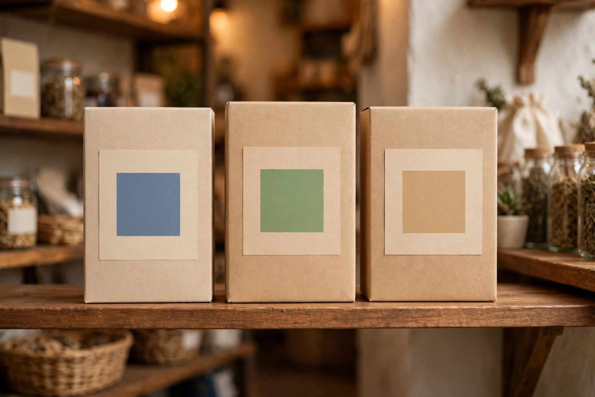 Kemasan produk berlabel dengan bidang warna sederhana di rak toko