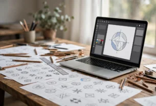 Sketsa dan aplikasi desain vektor saat membuat logo usaha