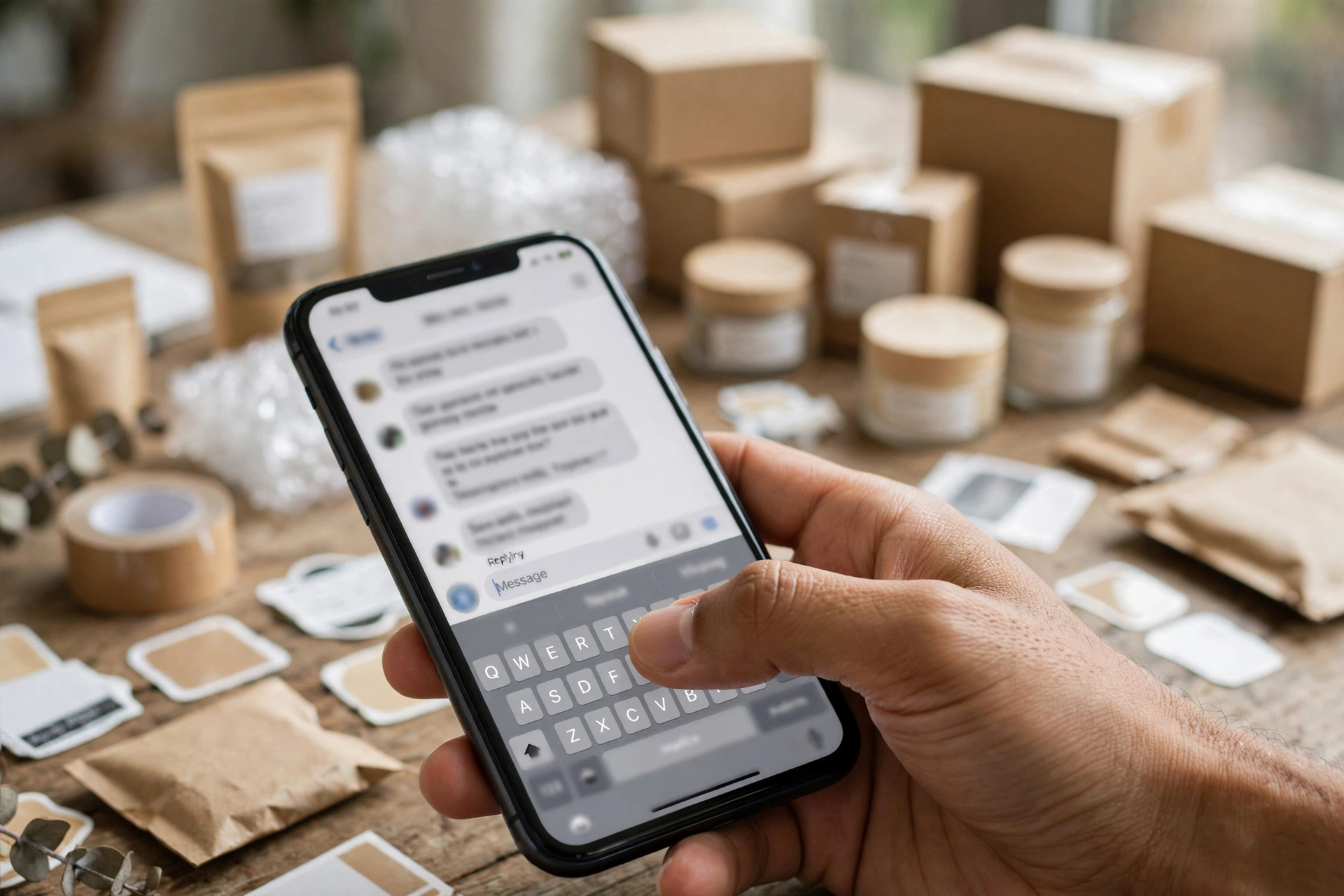 Penjual memeriksa produk dan pesanan marketplace lewat ponsel
