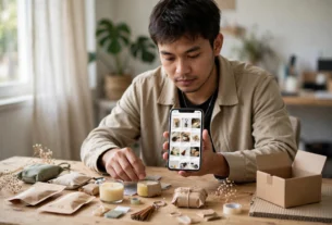 Penjual memeriksa produk pada aplikasi marketplace di ponsel