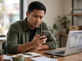 Pemilik usaha memeriksa pesan mencurigakan di ponsel sebagai ciri phishing