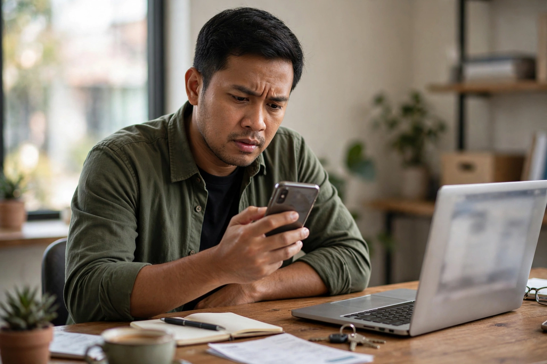 Pemilik usaha memeriksa pesan mencurigakan di ponsel sebagai ciri phishing