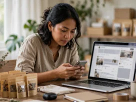 Pemilik usaha mengelola akun media sosial usahanya lewat ponsel dan laptop