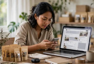 Pemilik usaha mengelola akun media sosial usahanya lewat ponsel dan laptop
