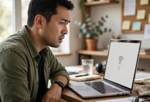 Pemilik usaha melihat layar laptop yang menampilkan halaman website tidak bisa dibuka