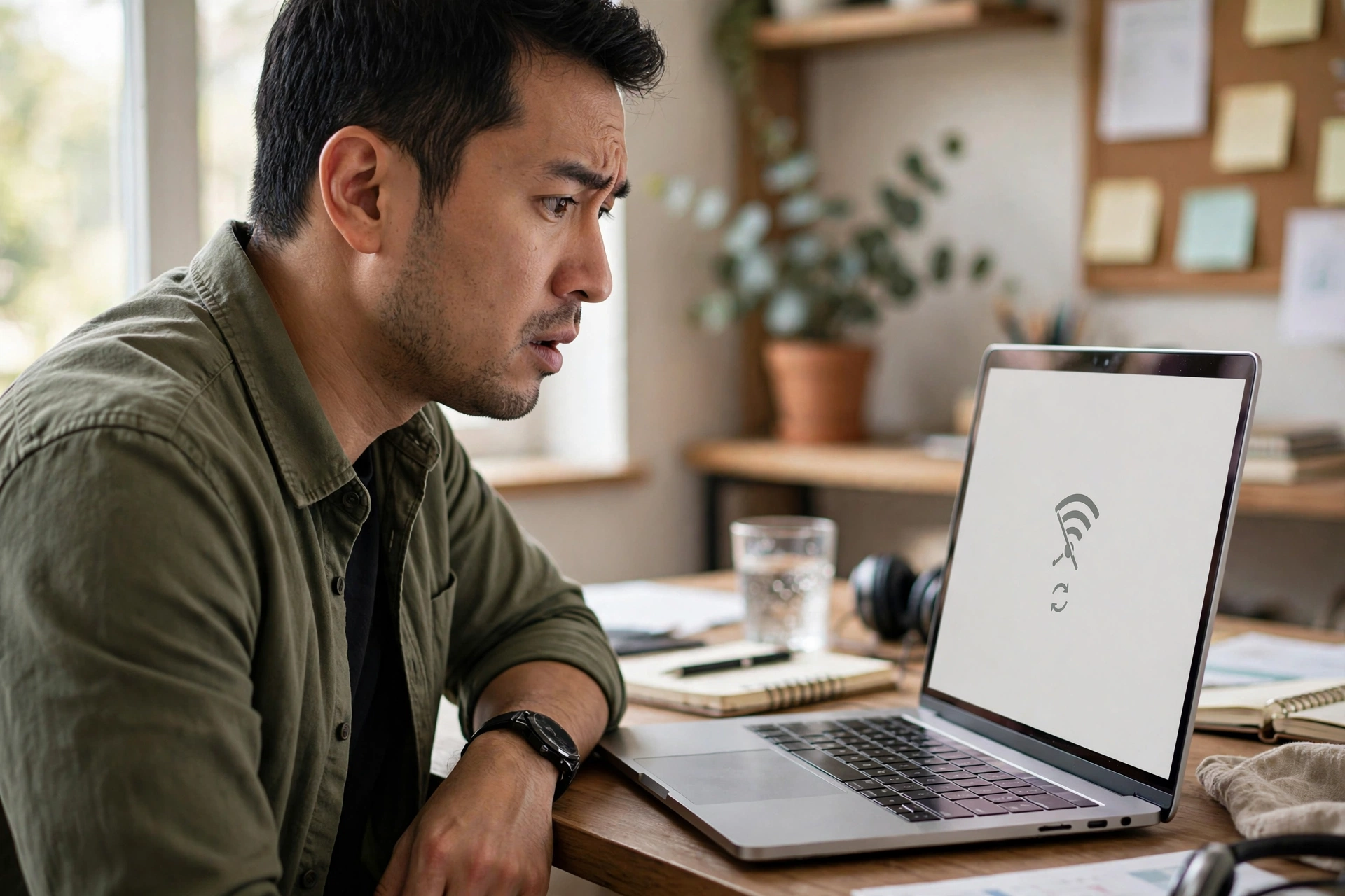 Pemilik usaha melihat layar laptop yang menampilkan halaman website tidak bisa dibuka