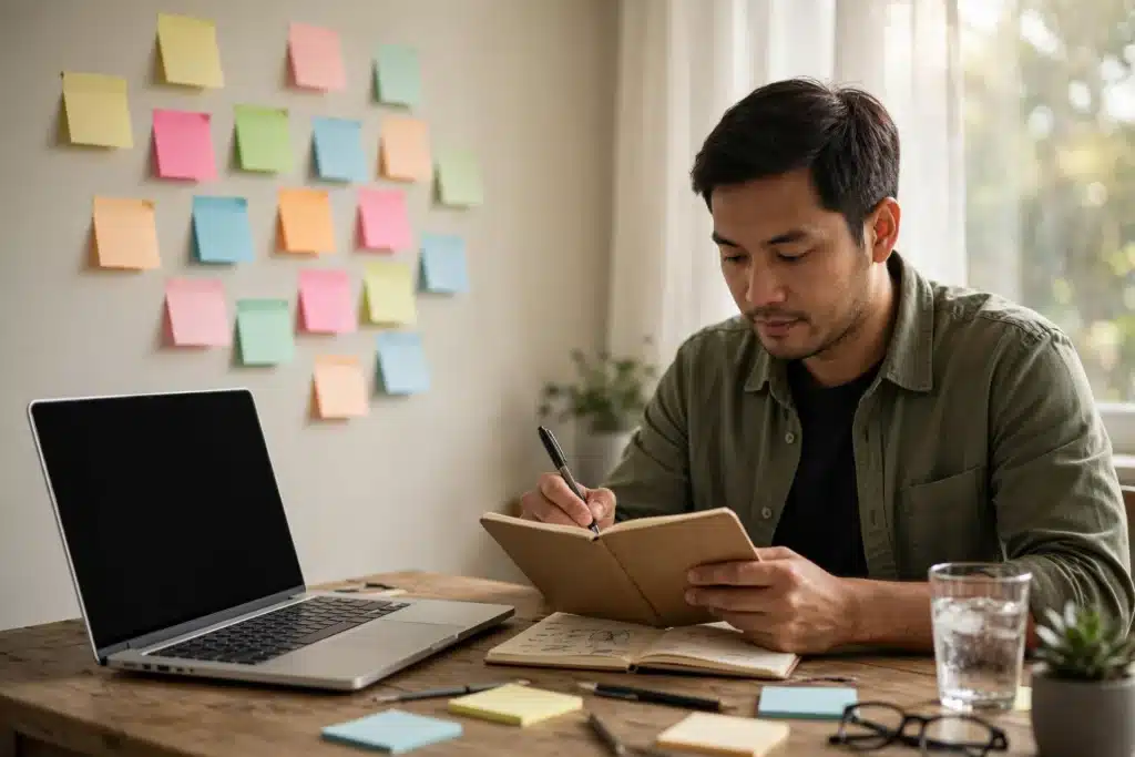 Menulis daftar kata kunci saat belajar SEO untuk pemula di buku catatan di samping laptop