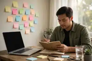 Menulis daftar kata kunci saat belajar SEO untuk pemula di buku catatan di samping laptop