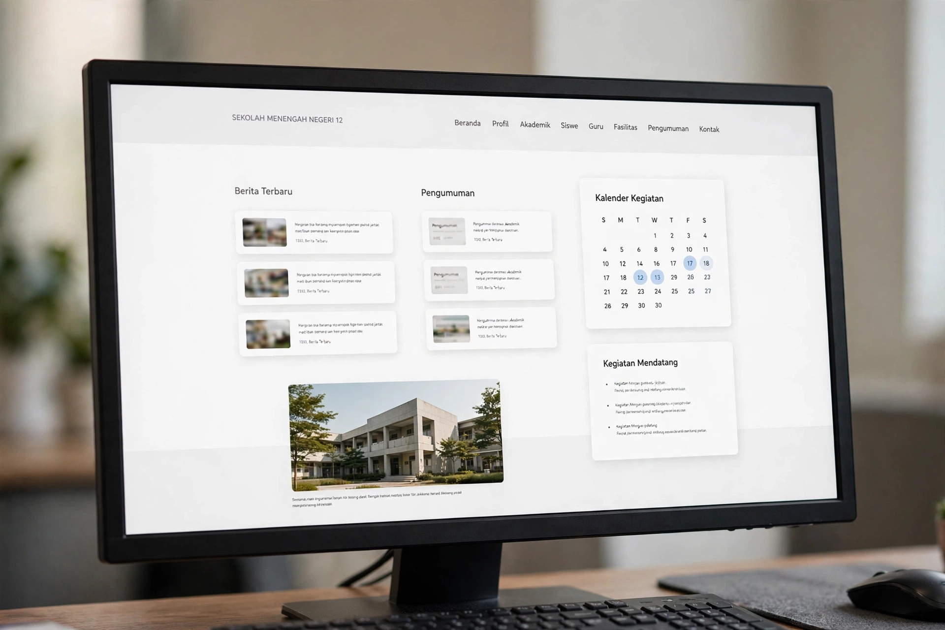 Contoh beranda website sekolah dengan menu, berita, pengumuman, dan kalender kegiatan