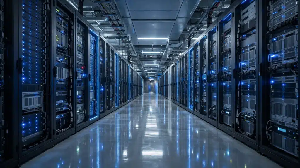 Rak server di pusat data sebagai gambaran pilihan hosting untuk website bisnis