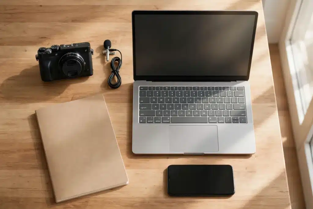 Peralatan produksi content marketing di meja kayu: kamera, mikrofon, laptop, dan buku catatan