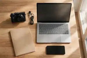 Peralatan produksi content marketing di meja kayu: kamera, mikrofon, laptop, dan buku catatan