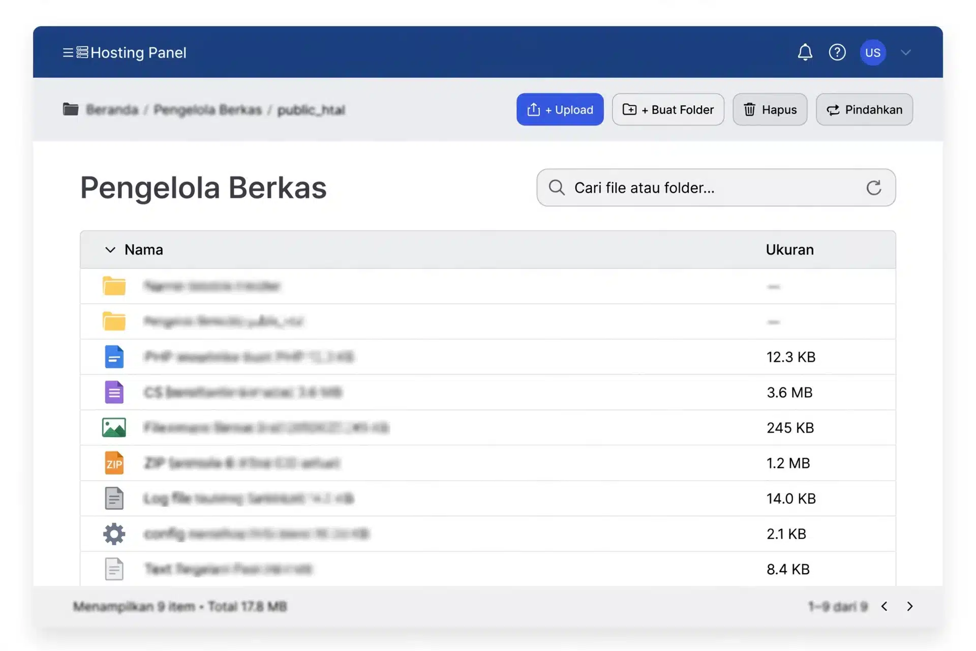 Pengelola berkas di cPanel menampilkan daftar folder dan berkas website