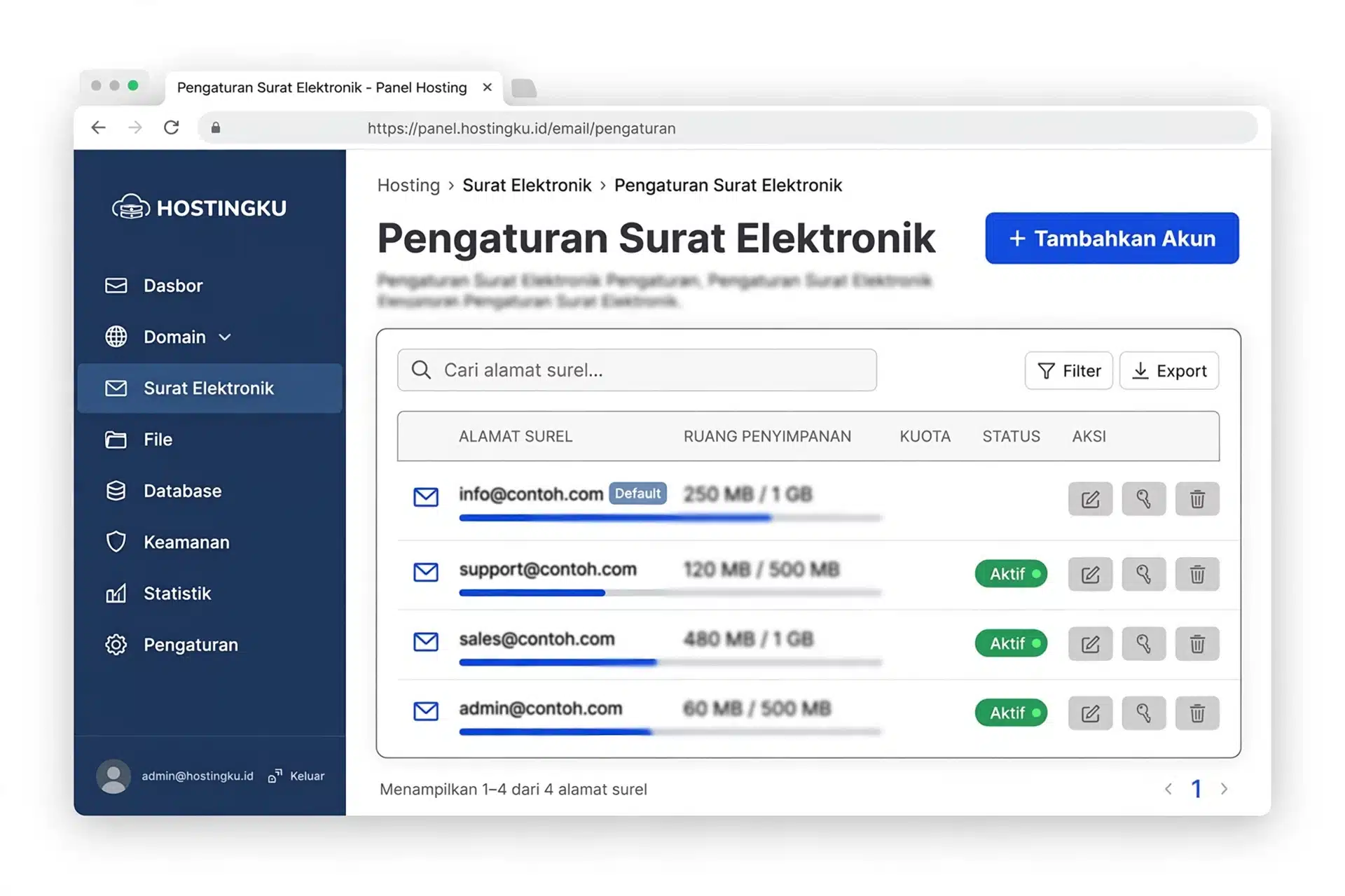 Pengaturan email domain di cPanel dengan daftar alamat surel