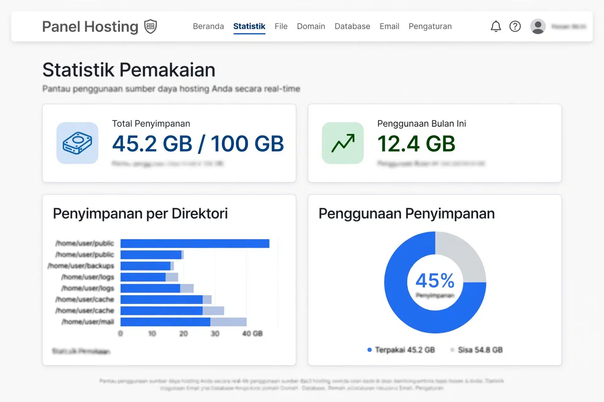 Statistik pemakaian penyimpanan dan lalu lintas di panel cPanel