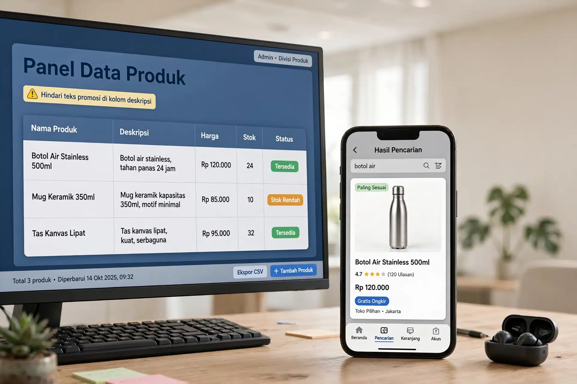 Panel data produk dengan kolom nama, deskripsi produk, harga, dan stok beserta peringatan teks promosi