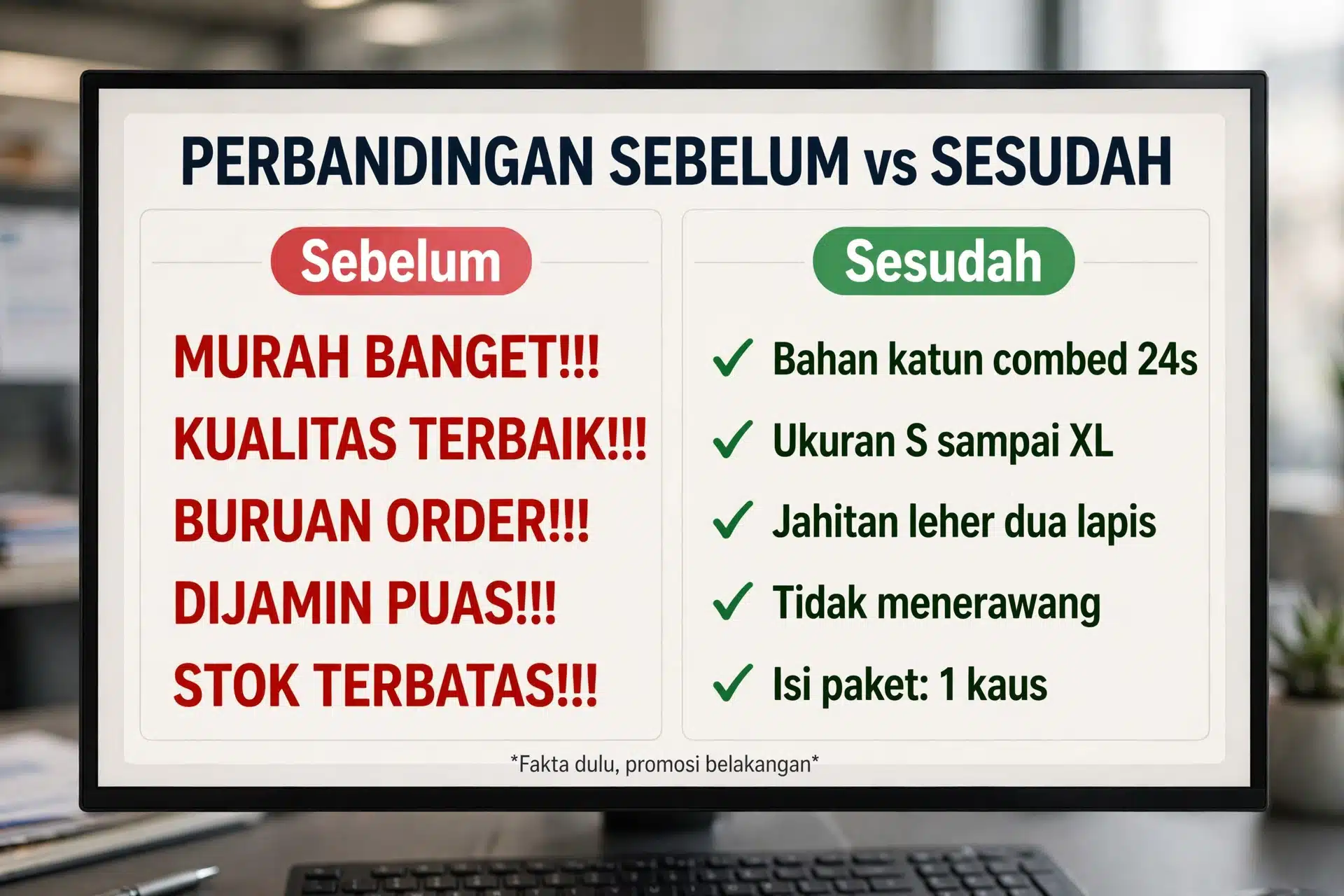 Perbandingan deskripsi produk sebelum dan sesudah diperbaiki pada layar monitor