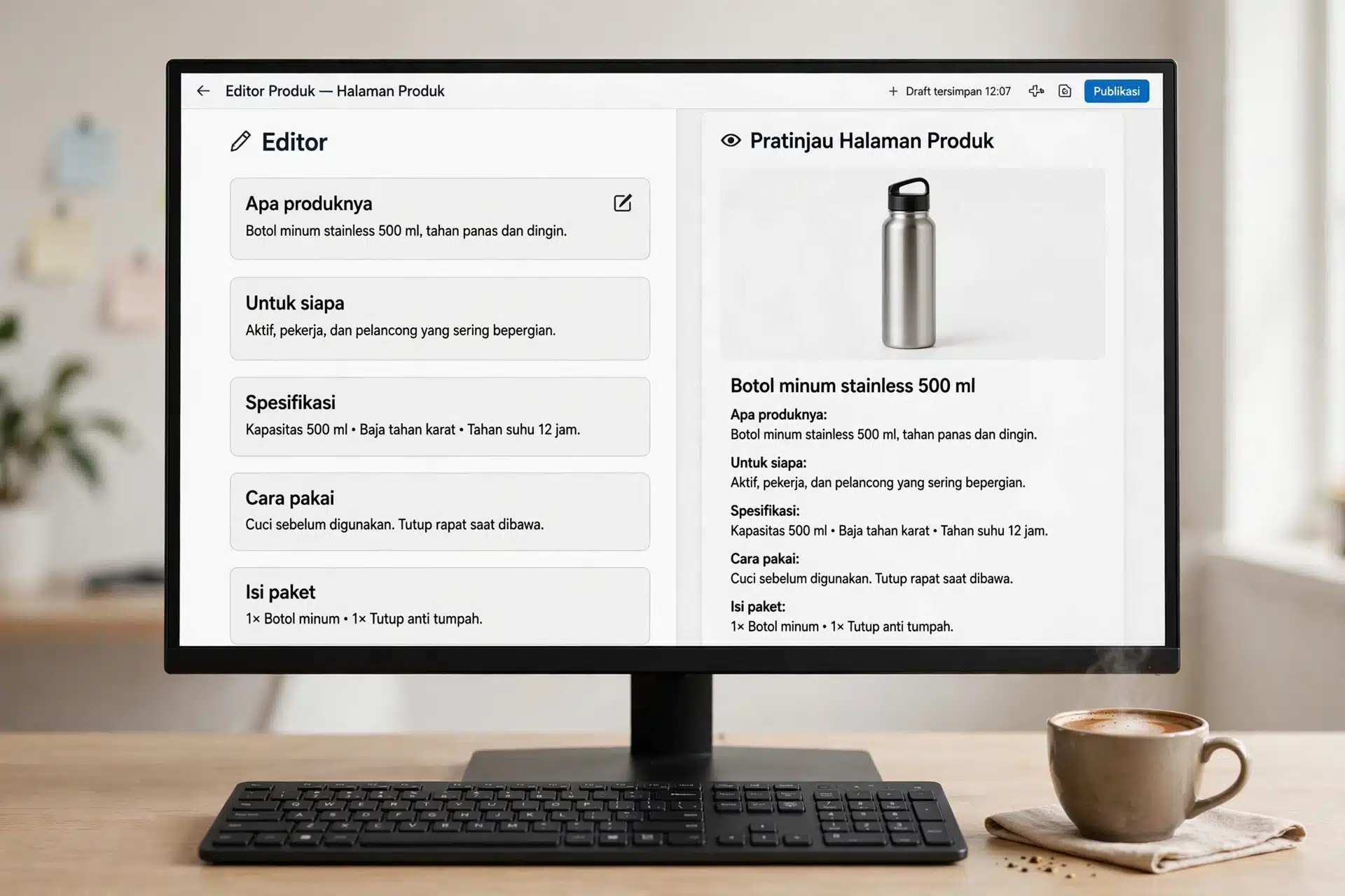 Editor deskripsi produk dengan lima blok wajib dan pratinjau halaman produk