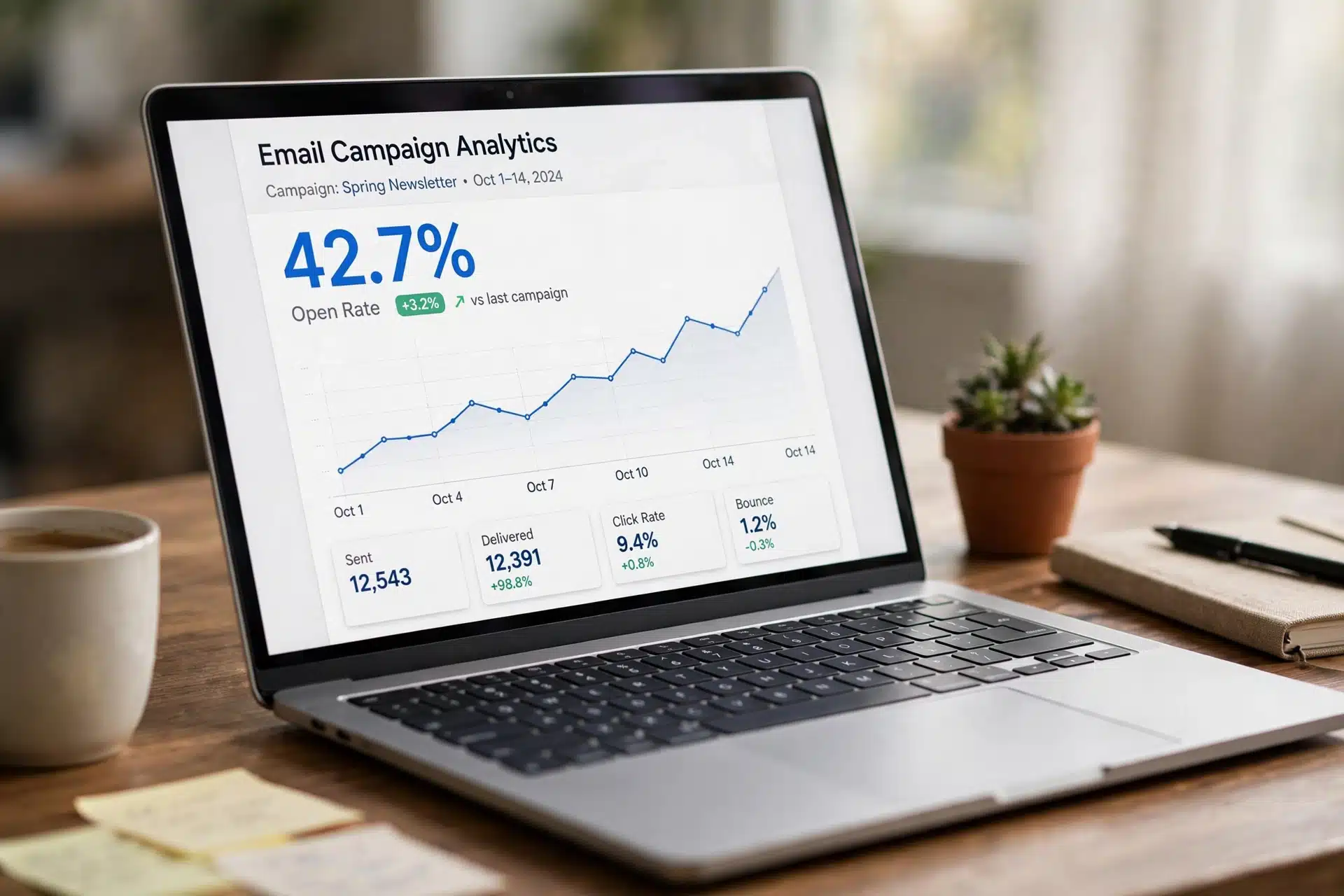 Dashboard analitik kampanye email dengan grafik keterbukaan, pemantauan hasil email marketing